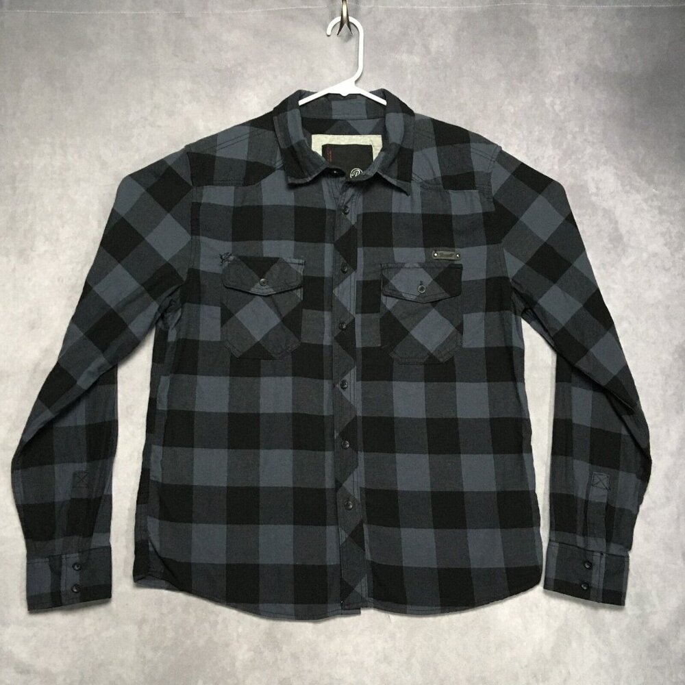 Brandit Mens Flannel Shirt size Large Long‎ Sleeve Button Up Black Blue Check